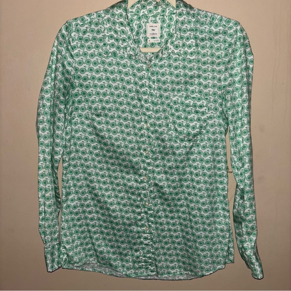 GAP Bicycle Print The Fitted Boyfriend Button Down Shirt Bicycle Print XS - Picture 3 of 11